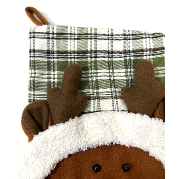 Christmas Reindeer Stocking With Green Plaid Cuff & Noel Star 3D Reindeer Face W - Picture 4 of 5